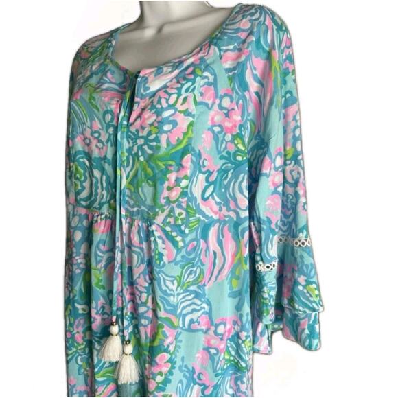 Lilly Pulitzer Dress W/ Bell Sleeves and Tassels Medium 004150 - Picture 3 of 10